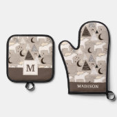 Cute Doodle Woodland Beer Pattern Ovenwant & Pannenlap Set (Voorkant)