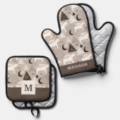 Cute Doodle Woodland Beer Pattern Ovenwant & Pannenlap Set (Voorkant / Achterkant)