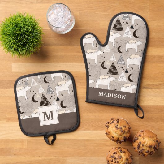 Cute Doodle Woodland Beer Pattern Ovenwant & Pannenlap Set (Top down)
