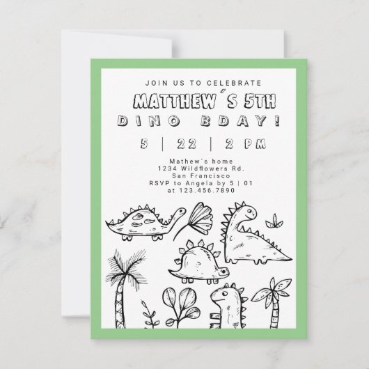 Cute Doodles Sage Green Dino Party Kind Birthday Kaart (Voorkant)