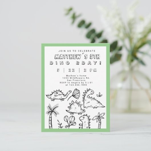 Cute Doodles Sage Green Dino Party Kind Birthday Kaart (Staand voorkant)