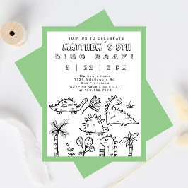 Cute Doodles Sage Green Dino Party Kind Birthday Kaart