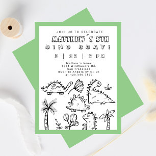 Cute Doodles Sage Green Dino Party Kind Birthday Kaart
