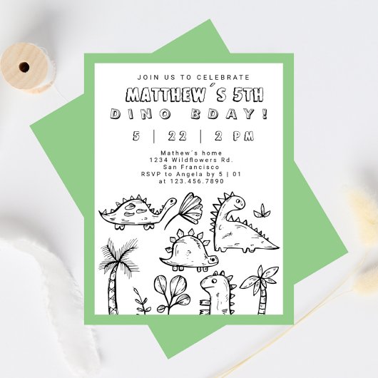 Cute Doodles Sage Green Dino Party Kind Birthday Kaart