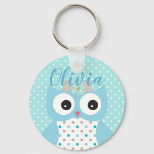 Cute Dotty Blue Owl Art gepersonaliseerd Sleutelhanger
