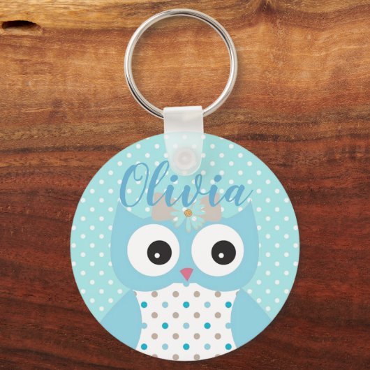 Cute Dotty Blue Owl Art gepersonaliseerd Sleutelhanger (Voorkant)