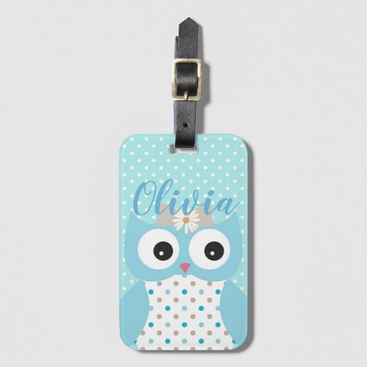 Cute Dotty Blue Owl Art Personalized Girls Bagagelabel (Voorkant (verticaal))