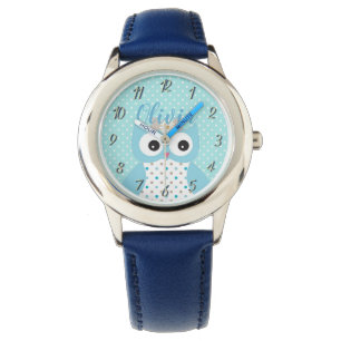 Cute Dotty Blue Owl Art Personalized Girls Horloge