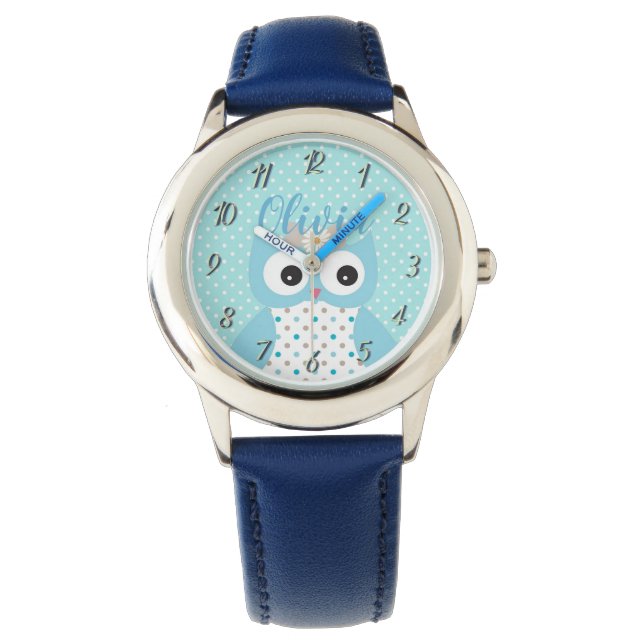 Cute Dotty Blue Owl Art Personalized Girls Horloge (Voorkant)