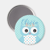 Cute Dotty Blue Owl Art Personalized Girls Magneet (Voorkant / Achterkant)