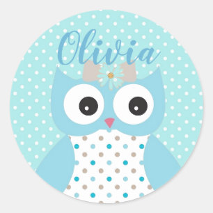 Cute Dotty Blue Owl Art Personalized Girls Ronde Sticker