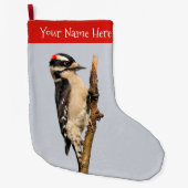 Cute Downy Woodpecker op fruitbomen Grote Kerstsok (Voorkant)