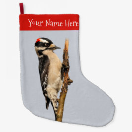 Cute Downy Woodpecker op fruitbomen Grote Kerstsok