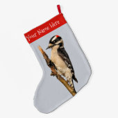 Cute Downy Woodpecker op fruitbomen Grote Kerstsok (Achterkant (Hangend))