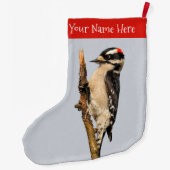 Cute Downy Woodpecker op fruitbomen Grote Kerstsok (Achterkant)