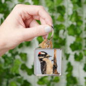 Cute Downy Woodpecker op fruitbomen Sleutelhanger (Hand)