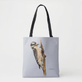 Cute Downy Woodpecker op fruitbomen Tote Bag (Voorkant)