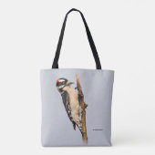 Cute Downy Woodpecker op fruitbomen Tote Bag (Achterkant)