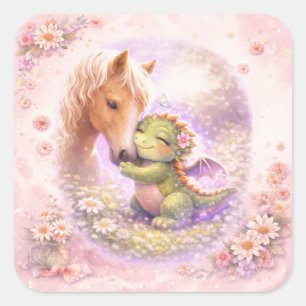 Cute Draak & Paard Vriendschap Wenskaart Vierkante Sticker