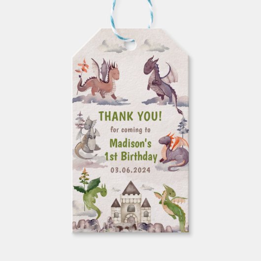 Cute Dragon 1st Birthday Party Cadeaulabel (Voorkant)