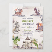 Cute Dragon 1st Birthday Party Kaart (Voorkant)