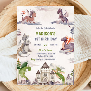 Cute Dragon 1st Birthday Party Kaart