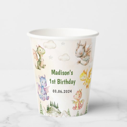 Cute Dragon 1st Birthday Party Papieren Bekers (Voorkant)