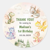 Cute Dragon 1st Birthday Party Ronde Sticker (Voorkant)