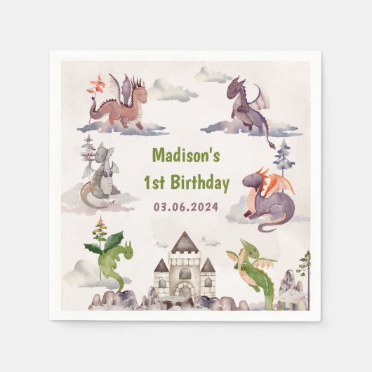 Cute Dragon 1st Birthday Party Servet (Voorkant)