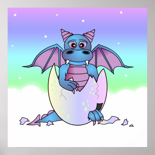 Cute Dragon Baby in Cracked Egg - Blauw / Paars Poster (Voorkant)