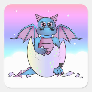 Cute Dragon Baby in Cracked Egg - Blauw / Paars Vierkante Sticker
