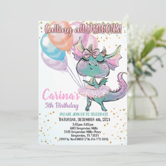 Cute Dragon Birthday Uitnodiging (Staand voorkant)