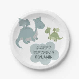Cute Dragon Blue Green Persoonlijke naam Birthday Papieren Bordje