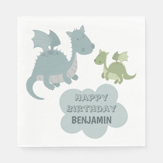 Cute Dragon Blue Green Persoonlijke naam Birthday Servet (Voorkant)