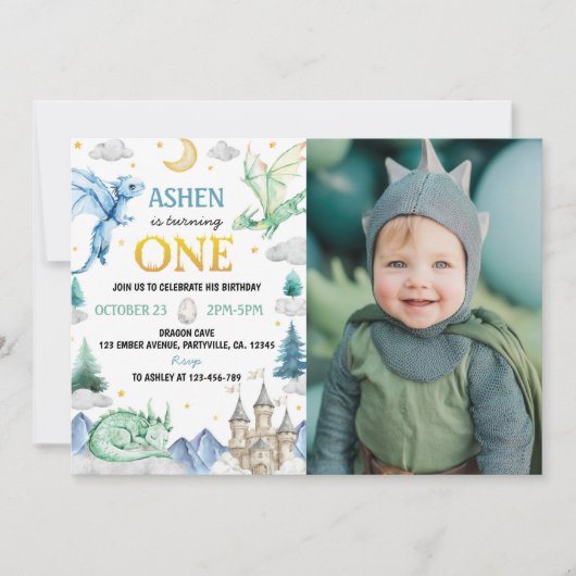 Cute Dragon Boy 1st Birthday Photo Kaart (Voorkant)