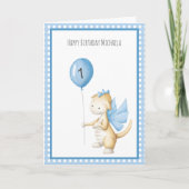Cute Dragon met ballon First Birthday Kaart (Voorkant)