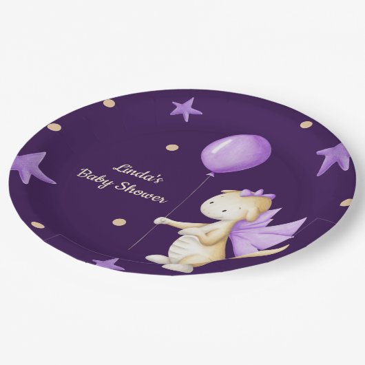 Cute Dragon met ballonvaardig Paars Baby shower Papieren Bordje (Gekanteld)