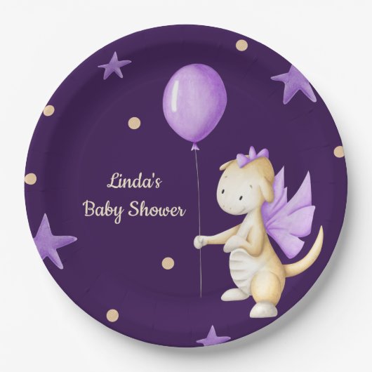 Cute Dragon met ballonvaardig Paars Baby shower Papieren Bordje (Voorkant)