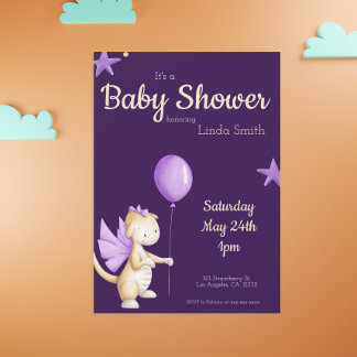 Cute Dragon met Paars ballonmeisje Baby shower Kaart