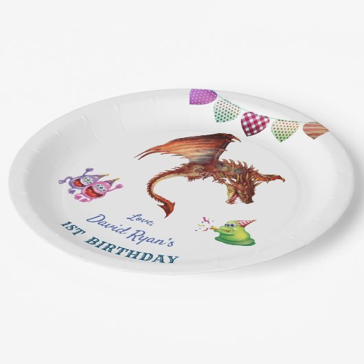 Cute Dragon Monsters Hart Boy First Birthday Papieren Bordje (Gekanteld)