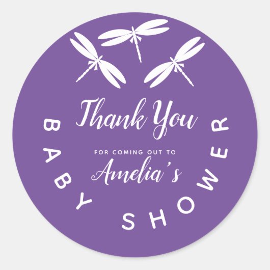 Cute Dragonflies Paars Baby shower Dank u Cla Ronde Sticker (Voorkant)