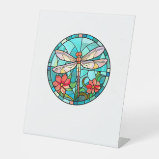 Cute Dragonfly Stained Glass Floral Dragon Fly Lov Reclamebord Met Voetstuk