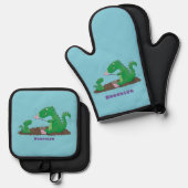 Cute dragons roasting marshmallows cartoon ovenwant & pannenlap set (Voorkant / Achterkant)