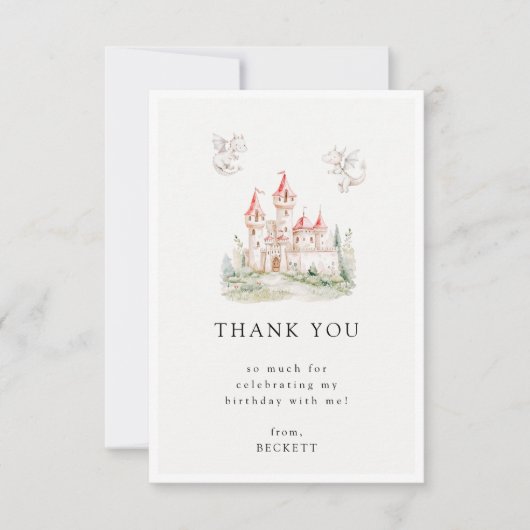 Cute Draken Kasteel Thema Verjaardagsfeestje Bedankkaart (Voorkant)