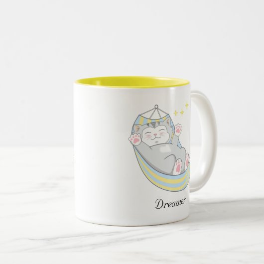 Cute Dreamweaver Kitty Cat in Hammock T-Shirt Tweekleurige Koffiemok (Voorkant rechts)