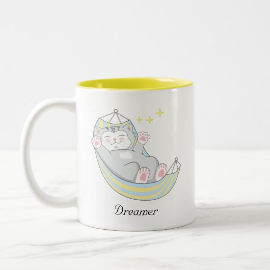 Cute Dreamweaver Kitty Cat in Hammock T-Shirt Tweekleurige Koffiemok (Links)
