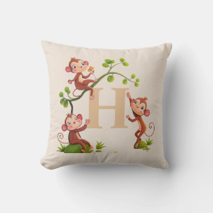 Cute Drie Aapjes en Gouden Monogram op Beige Kussen