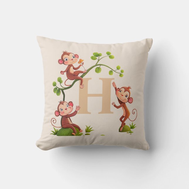 Cute Drie Aapjes en Gouden Monogram op Beige Kussen (Voorkant)