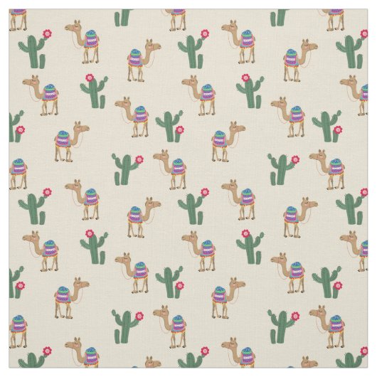 Cute Dromedary Camel and Cactus Fabric Stof (Swatch)