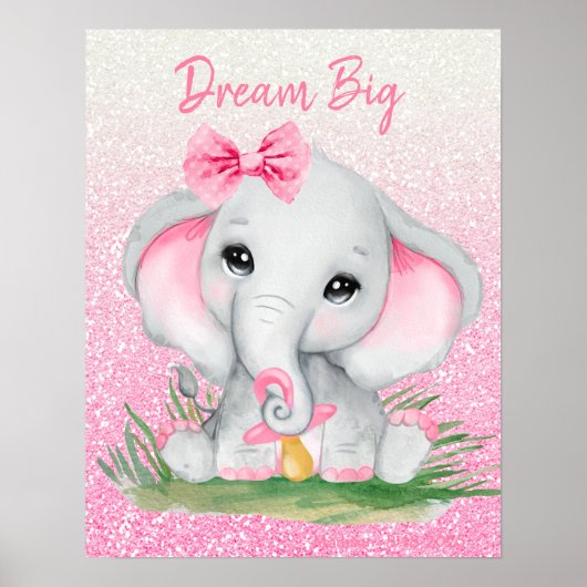 Cute Droom Groot Roze Glitter Meisje Olifant   Poster (Voorkant)